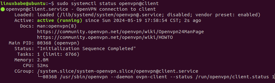 ubuntu 24.04 sudo systemctl status openvpn@client